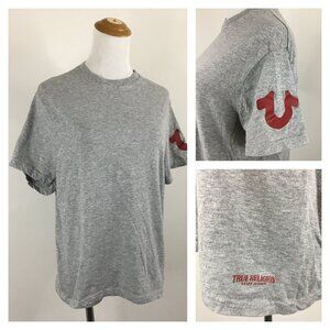 TRUE RELIGION Gray Dark Red Logo Print Short Sleeve Tee Shirt